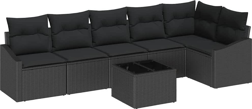 Garten-Sofa-Set, modular & wetterfest, Poly-Rattan Schwarz, 7-teilig für 6 Personen, höhenverstellbarer Tisch, UV-beständig, mit Kissen & Stauraum