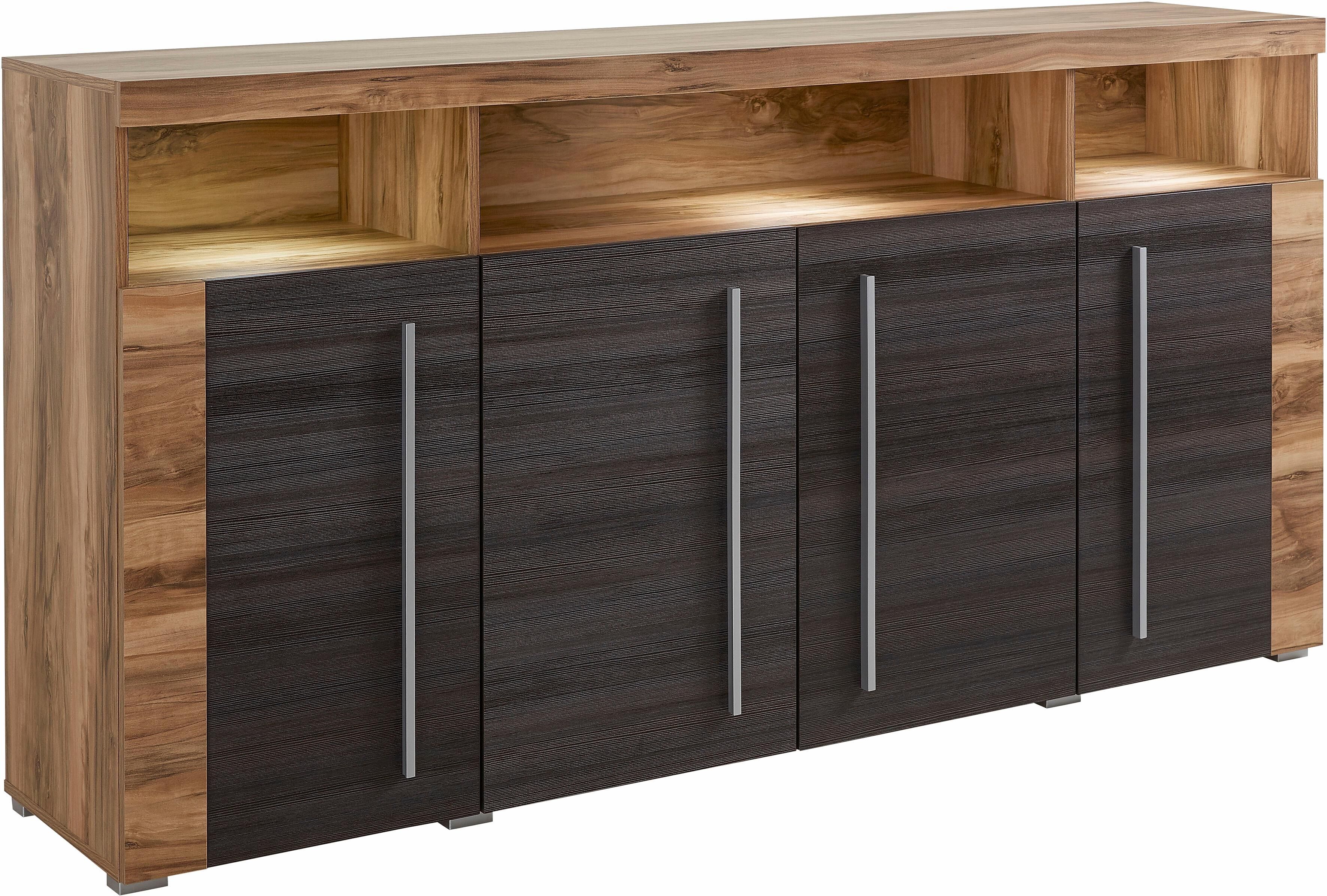 Sideboard GOODPRODUCT "Roger,Breite 182cm, stilvolle Schrank mit 4 Türen", braun (satin nussbaumfarben, schwarzwood), B:182cm H:92cm, Sideboards, Sideboard, Kommode mit viel Stauraum, Einlegeböden verstellbar satin nussbaumfarben, schwarzwood B/H/T: 182cm