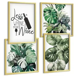 BILDER SET 4er Set - 50x50 cm & 40x60 cm Goldrahmen - Grüne Weinblätter