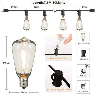 Uplifted Goods Outdoor Waterproof String Lights For Garden Patio And Event Decoration 7.6 M (10 Sockets) 1w