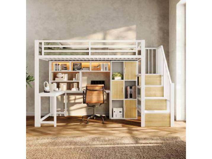 BTM Metall Hochbett Jugendliche 90x200 mit Schrank, Ablagefach, LED Weiß