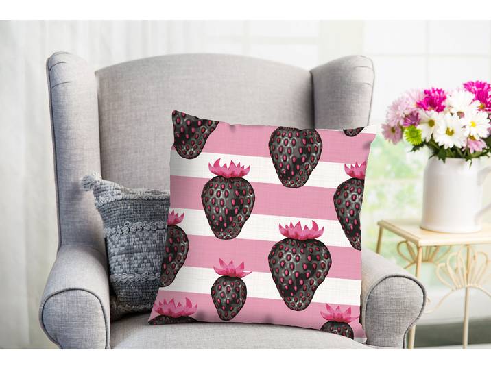 Dekokissen QUEENCE Fakir , weiss (weiß, bedruckt), B:50cm L:50cm, Obermaterial: 100% Polyester, Dekokissen_Sitzkissen_Kissenhüllen, Dekokissen, Kissenhülle,Erdbeeren,Weisse Streifen,Pinke Streifen,Frisch,Fröhlich