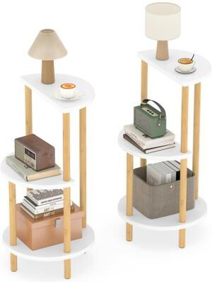Costway Set of 2 Round Side Table Compact with 3-Tier Shelves and Bamboo Construction-White