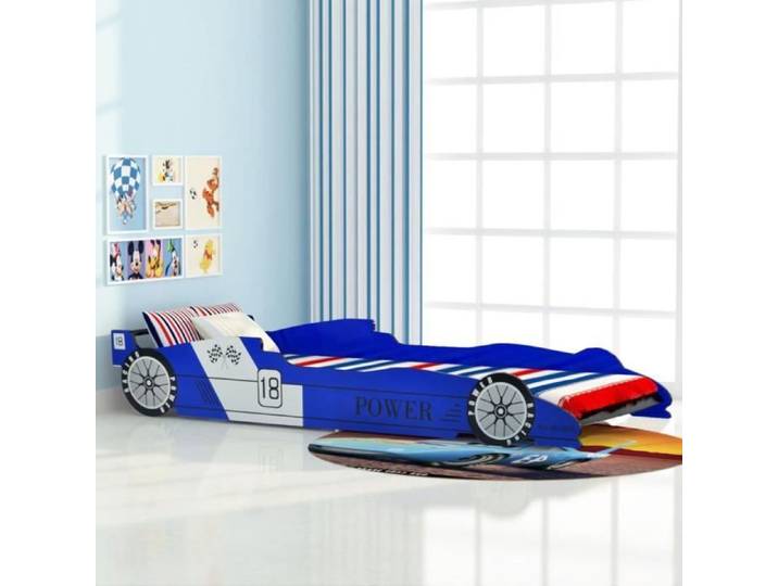 Lit enfant voiture en bois - 90 x 200 cm - Cadre de lit voiture de course pour enfants - Bleu