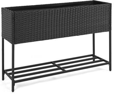 Costway Raised Wicker Garden Bed with Storage Shelf and Removable Liner-Black