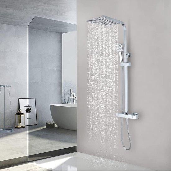 Unyqoos Douchesysteem met thermostaat en verchroomde messing behuizing, 200 mm regendouche en handdouche, verstelbaar van 700 tot 1150 mm
