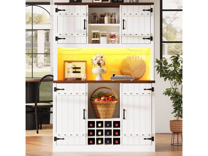 Buffet Haut Cuisine -Meuble Rangement avec Lumières LED-Grand Espace de Rangement-Étagères Réglables-Armoire