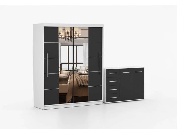 Schwebetürenschrank und Kommode 2er-Set TORINO III/FRIDA 01 Weiß Schwarz + Spiegel
