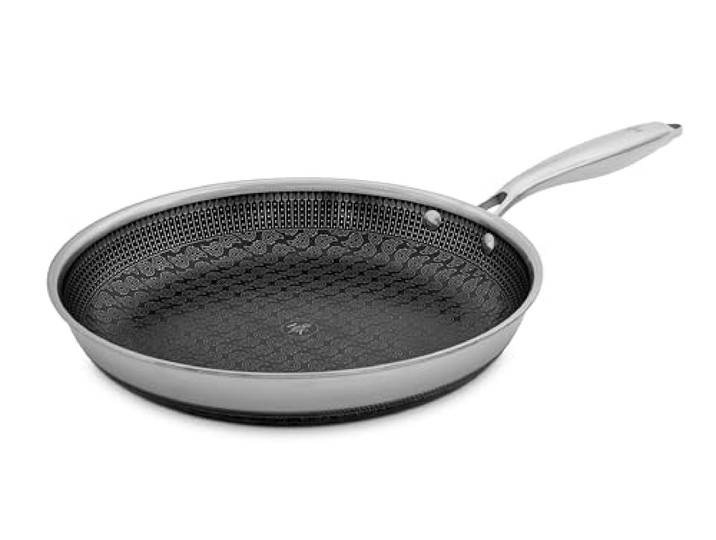 Hell's Kitchen Hybrid Bratpfanne 28 cm, Pfanne Induktion, Pfanne Edelstahl Pfanne Edelstahl dreilagig mit PFAS-freier Keramik-Antihaftbeschichtung, metallbesteckfest, alle Herdarten, backofenfest