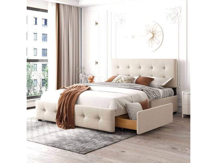 Lit double rembourré - Memkey - 140 x 200 cm - Velours beige - 4 tiroirs sur roulettes sommier à lattes sans matelas