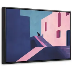 LEINWAND Bilder mit Rahmen - Katze - Treppe - Gebäude - Schattenkontraste - 30x20