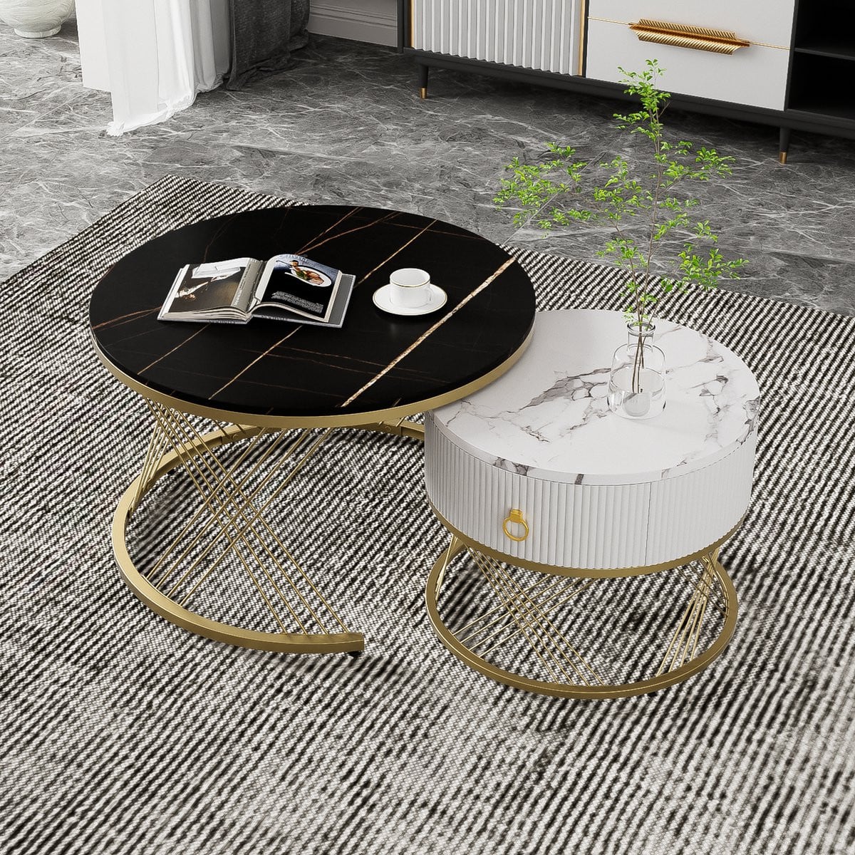 Sweiko Set van 2 Salontafels met Marmerlook en Gouden Decoratie, Zwart