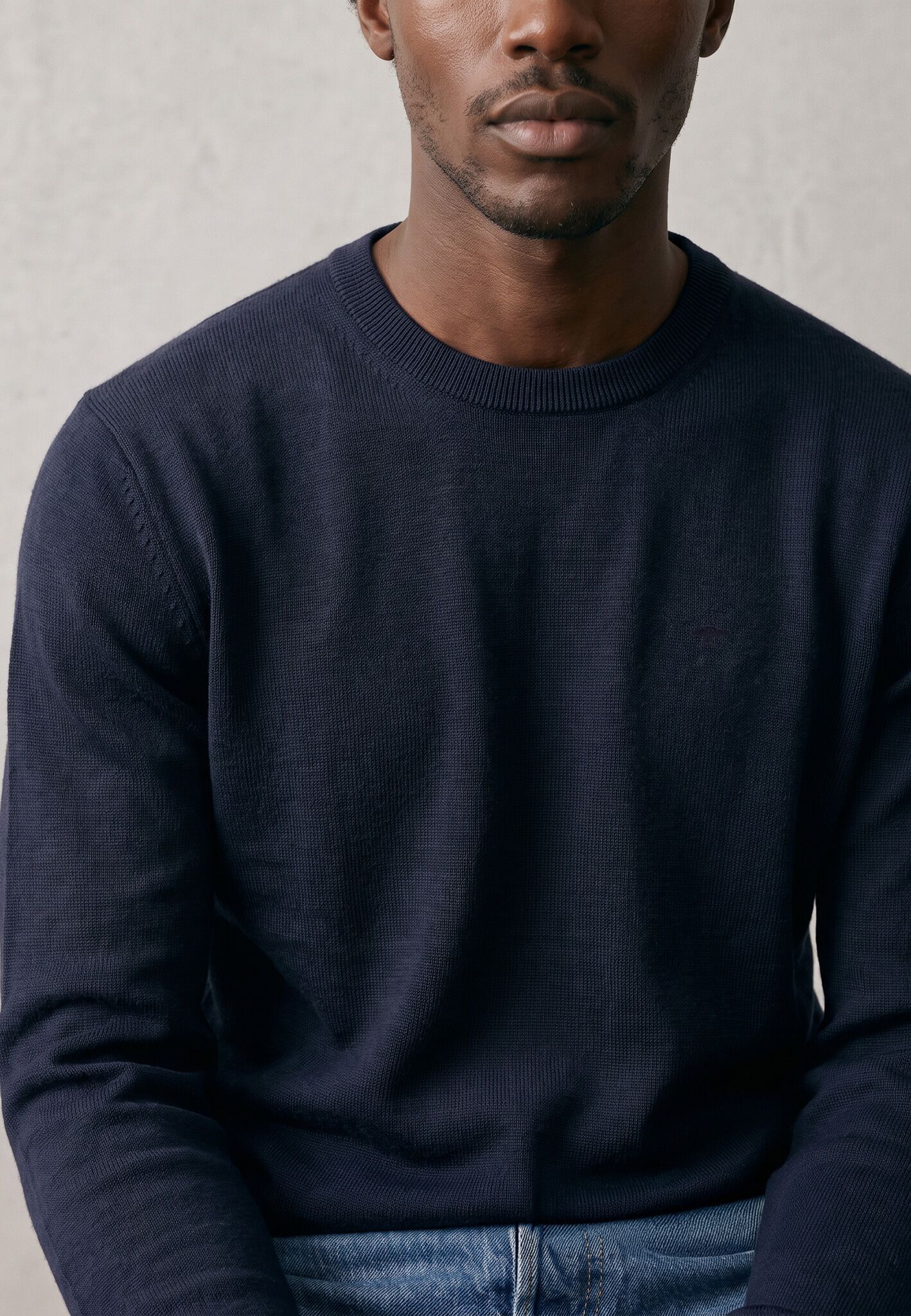 Wollpullover FYNCH-HATTON, Herren, Gr. L, blau (navy), Strick, Obermaterial: 100% Wolle, bestickt, unifarben, regular fit hüftbedeckend, Rundhals, Pullover Wollpullover, mit Wolle navy L