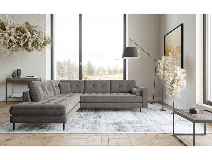 Ecksofa Purches Grau Samt Selby 259 x 87 x 205cm Ottomane davorstehend links Glamour