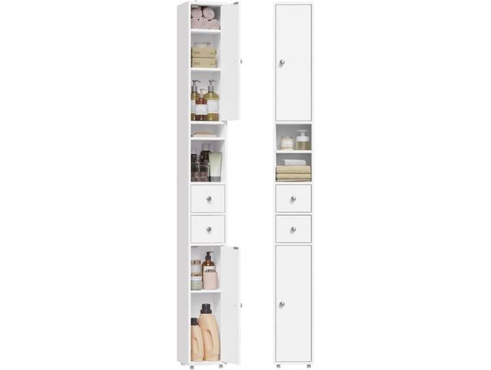 Colonne de Salle de Bains - EUGAD Armoire WC - 2 Tiroirs 2 Portes - 20x20x180cm - Blanc