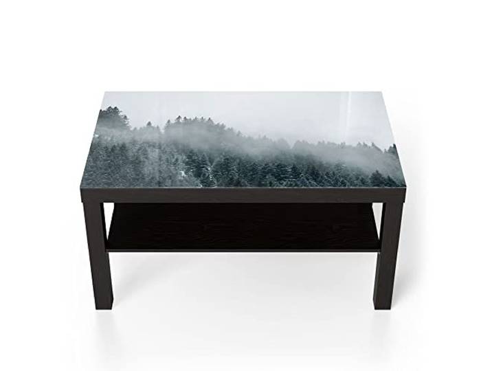 DEQORI Glastisch schwarz groß 90x50 cm Motiv Nebel über Baumwipfeln ausgefallener Beistelltisch aus Glas Hochglanz Couchtisch fürs Wohnzimmer moderner Couch Tisch mit Design