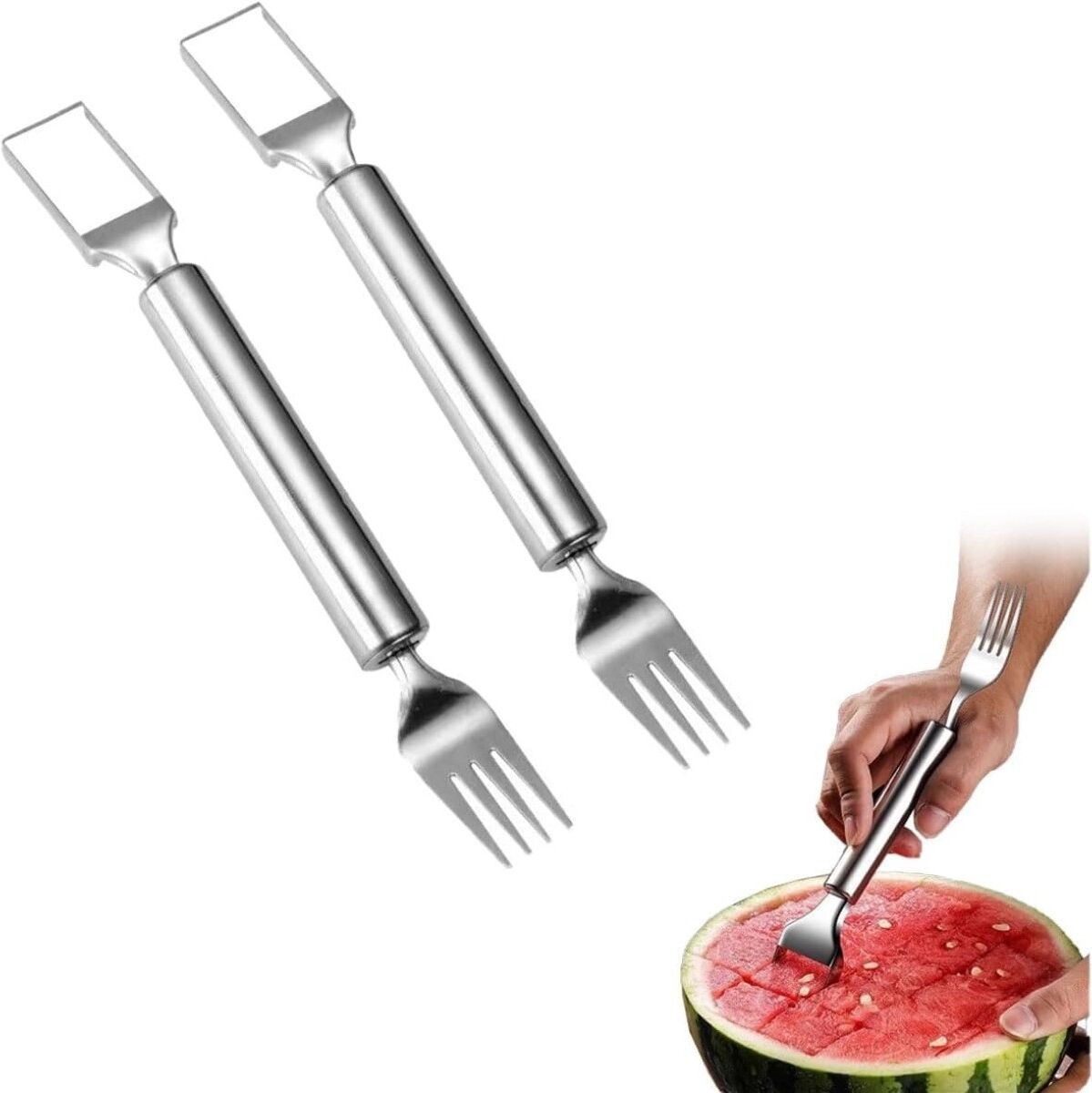 INF Trancheuse à pastèque manche rond 4 pièces - Acier inoxydable 2-en-1 trancheuse et fourchette de service, Argent