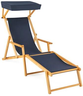 Costway Birch Wood Chaise Lounge Chair Foldable Beach Chair with Adjustable Canopy-Navy