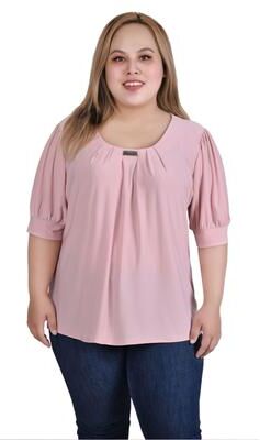 NY COLLECTION Short Sleeve Balloon Sleeve Top With Hardware