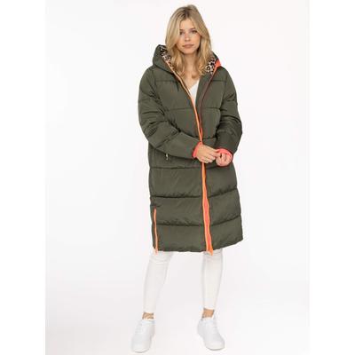 Steppmantel ZWILLINGSHERZ "„Leo Kapuze“", Damen, Gr. S, grün (khaki), Obermaterial: 100% Polyester, Mäntel Steppmantel, Kapuze mit Leofutter, Reißverschluss, Taschen, elastische Bündchen, Topseller