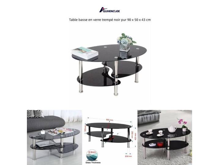 QUIIENCLEE Table basse en verre trempé noir pur 90 x 50 x 43 cm