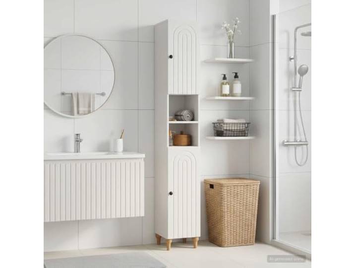 Weißer Badezimmerschrank ALKMAAR mit offenem Regal aus Holzwerkstoff Umkehrbare Tür, feuchtigkeitsresistent, mehrere Regale, schlankes Design, pflegeleichte Oberfläche