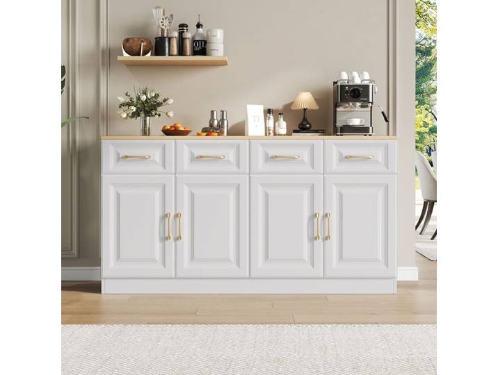 Buffet moderne 140x40x75cm cm - 4 tiroirs et 4 portes - style moderne - blanc