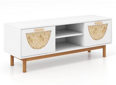 Costway Mid Century Modern TV Stand Entertainment Center for 55-Inch TV with 2 Drawers and Bamboo Woven Fronts-White