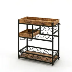 COSTWAY 3-stufiger Servierwagen mit abnehmbarem Tablett, Küchenwagen mit 2 Reihen Glashalter und 8 Weinregalen