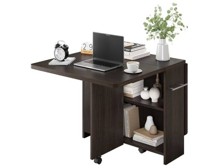 Table à manger pliante mobile 127x60x75cm – 2 étagères ouvertes – console extensible sur roulettes avec freins – coloris bois brun