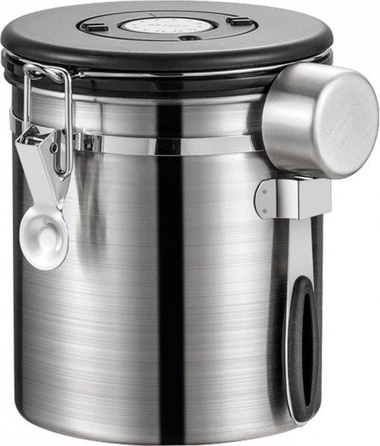 Luchtdichte koffiecontainer van roestvrij staal met CO2-uitlaat, 1,2 liter, zilver