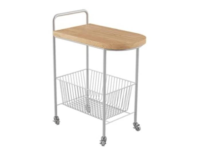 DFHetFH Rollwagen 2-stufiger Küchen-Aufbewahrungswagen Mit Rädern, Mobiler Rollwagen Aus Metall, Aufbewahrungswagen Für Zuhause Und Hotel Küchenwagen(White+Wood)