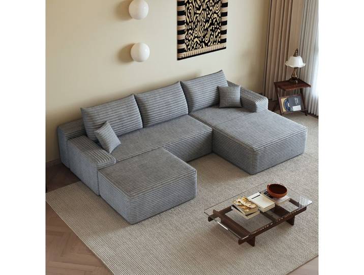 Canapé d'angle modulable 4 places sans montage - ELVMI - velours côtelé gris