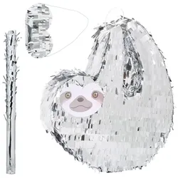 Relaxdays Pinata Faultier mit Stab und Maske Grau,Silber