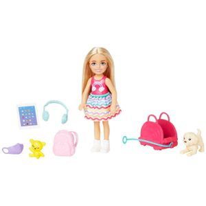 Barbie Puppe Reise Chelsea, ab 3 Jahre, Mini-Puppe mit Hund und Reise-Zubehör, 15 cm