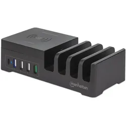 Manhattan Power Delivery Charging Station with Qi Wireless Charging Pad (36 W, 5 Ports), USB Ladegerät, Schwarz