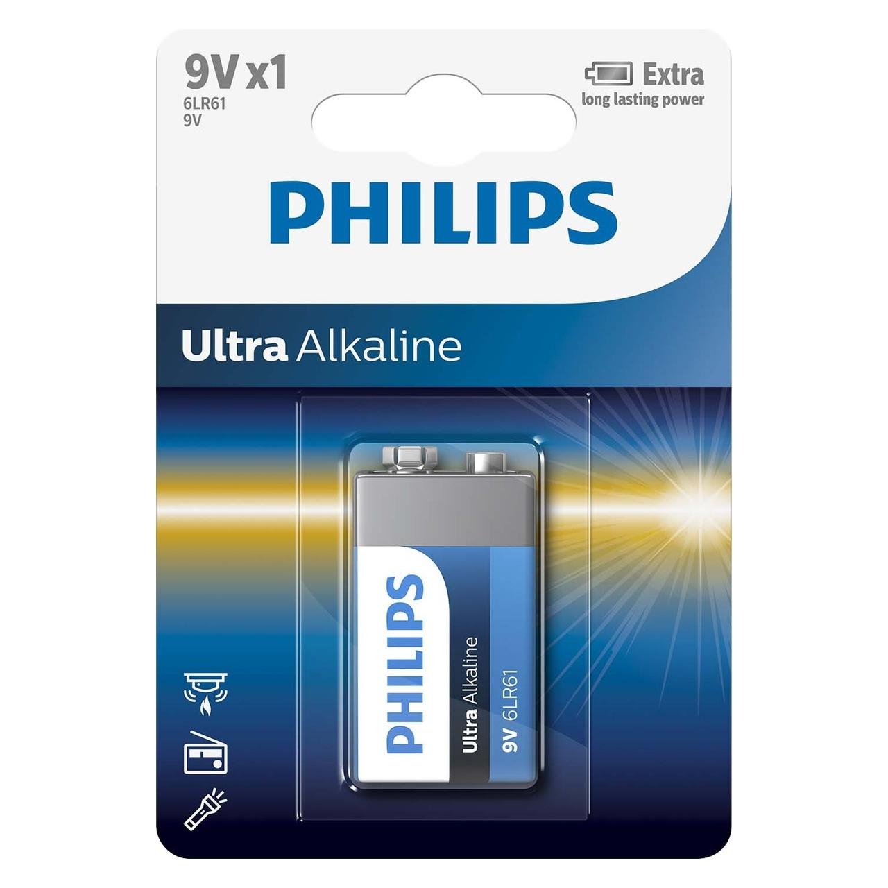 Philips Ultra Alkaline 9V Batterie 6LR61 (1 Stk., E Block) (6LR61E1B)