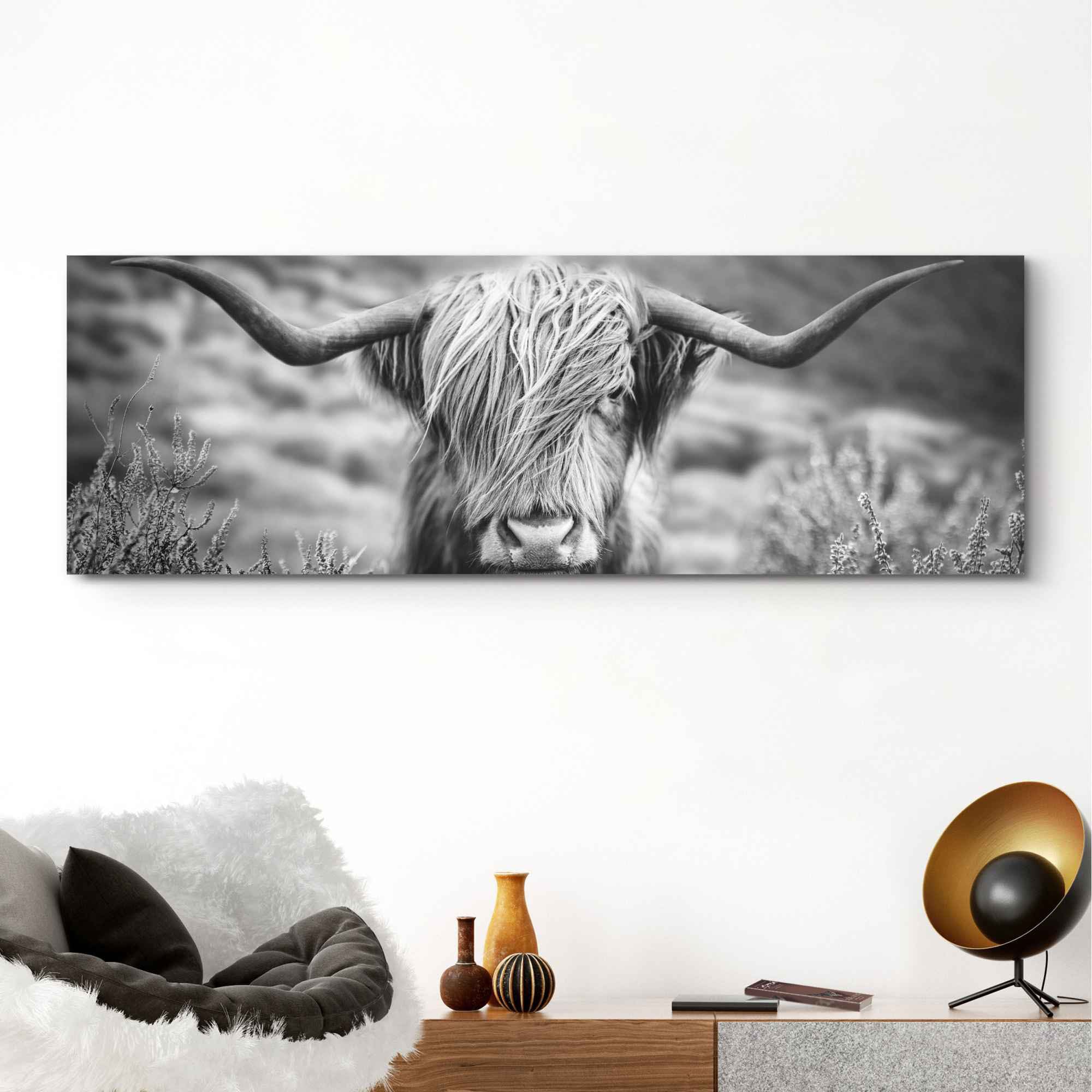 Reinders! Wandbild REINDERS "Wandbild Highlander Bulle Tiermotiv - Nahaufnahme - Hochlandrind Bild", schwarz (farbe bild(er): schwarz, weiß), B:156cm H:52cm, MDF, Bilder, Wandbild farbe bild(er): schwarz, weiß B/H/T: 156cm x 52cm, Kuh, 1 Stk.