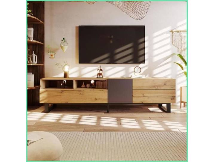 Meuble TV Modern - Effet Grain de Bois & Colorblocking - 180 cm - Anthracite/Chêne