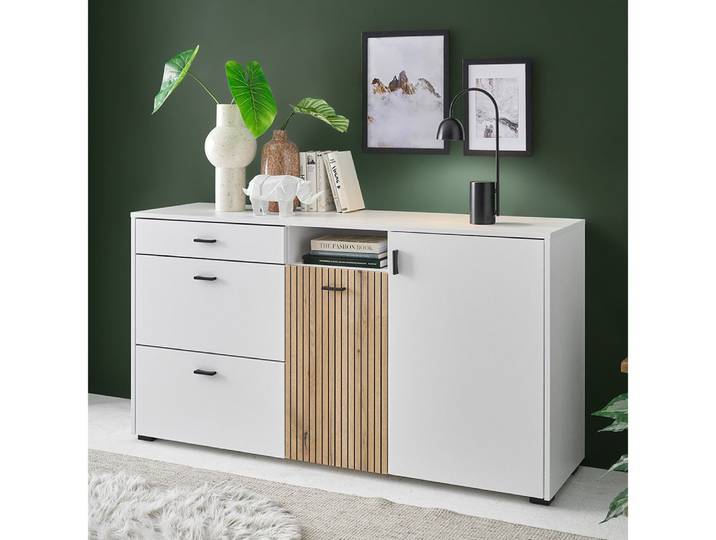 Lomadox Kommode HUNTER-61, weiß matt Eiche gerillt Anrichte Sideboard Schrank 150x79,6x42 cm