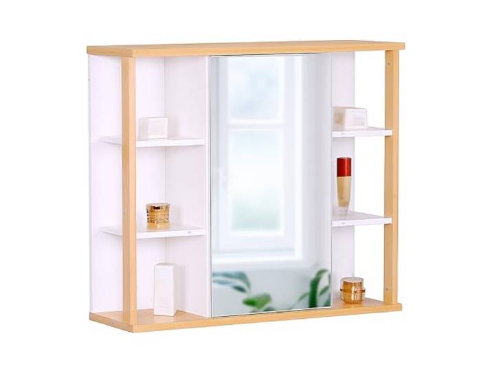 Relaxdays Spiegelschrank, 6 Ablagen, 2 Innenfächer, weiß/Natur HxBxT: 64 x 62 x 21 cm, Wandmontage, Bad Hängeschrank