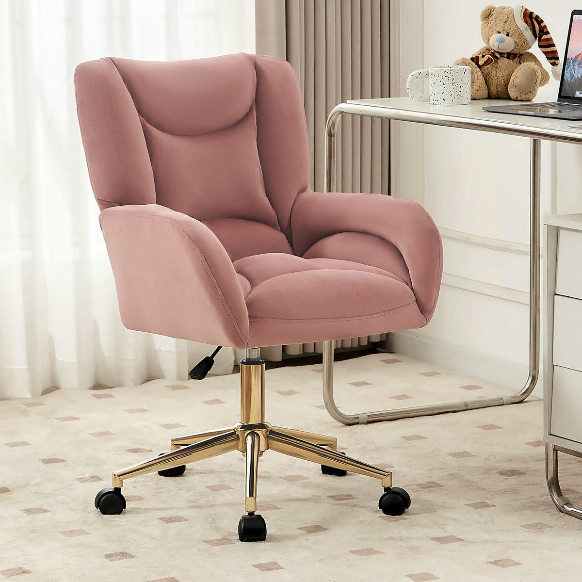 Clruro Bureaustoel - Velvet Draaistoel met Gouden Poten - Roze