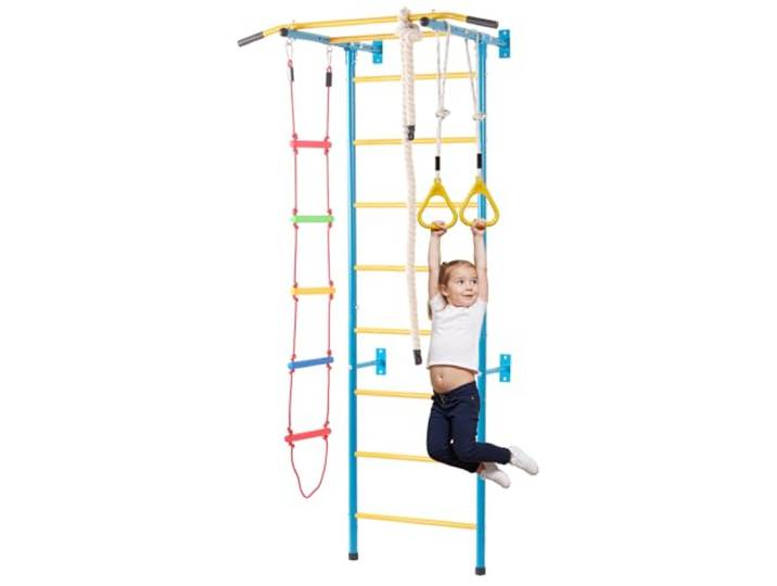 VEVOR Échelle murale suédoise pour enfants\, 5 en 1\, jeux d'escalade d'intérieur en acier au carbone\, charge de 99\,8 kg\, avec échelle murale\, barre de traction\, échelle de corde\, anneaux de gymnastique