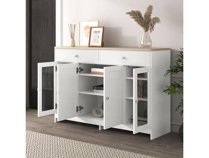 YAIXBNG Sideboard mit weißer Holzmaserung, Vier Türen, mit Zwei Schubladen, Tür mit Glas. Wohnzimmer, Esszimmer. Holzfarbe und Weiß