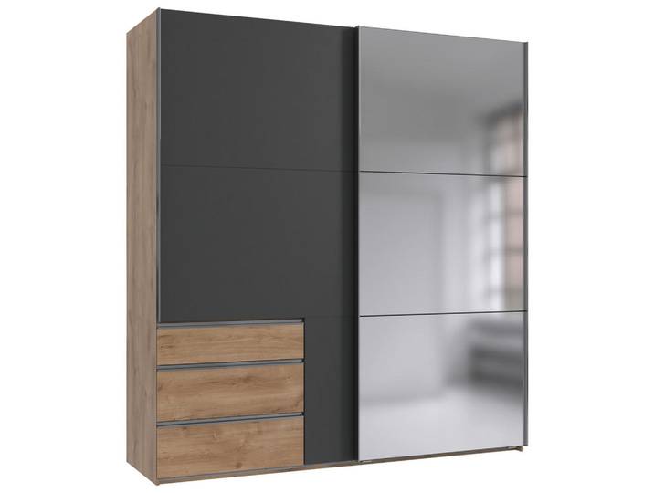 Schwebetürenschrank, Graphit/Eiche, 200x216x65 cm, Holzwerkstoff, 2 Fächer & 3 Schubladen, Modern, MID.YOU