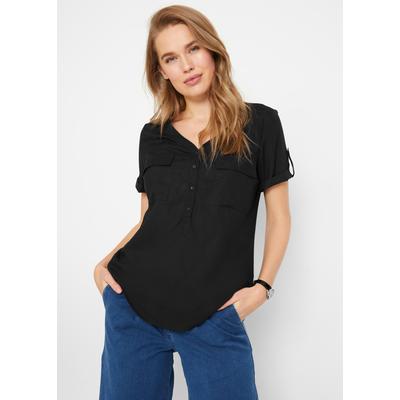 Kurzarmbluse BONPRIX, Damen, Gr. 42, schwarz, Web, Obermaterial: 100% Viskose, gerade, Blusen, dezente A-Silhouette, mit V-Ausschnitt, aus reiner Viskose