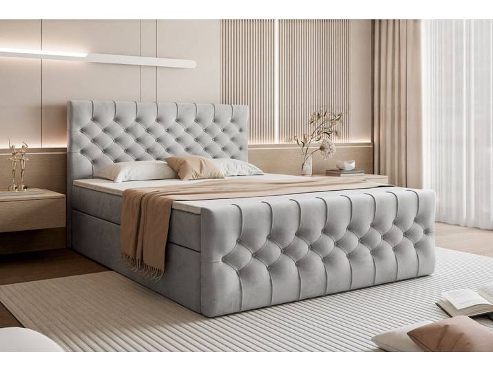yourhouse24 Boxbett KEMER inkl. Topper & Bettkasten – Elegante Chesterfield-Steppung (Box-Unterbau mit 2 Bettkästen, Kopfteil, Topper), Samtig-weicher Matt-Velvet-Stoff, Elegante Steppungen