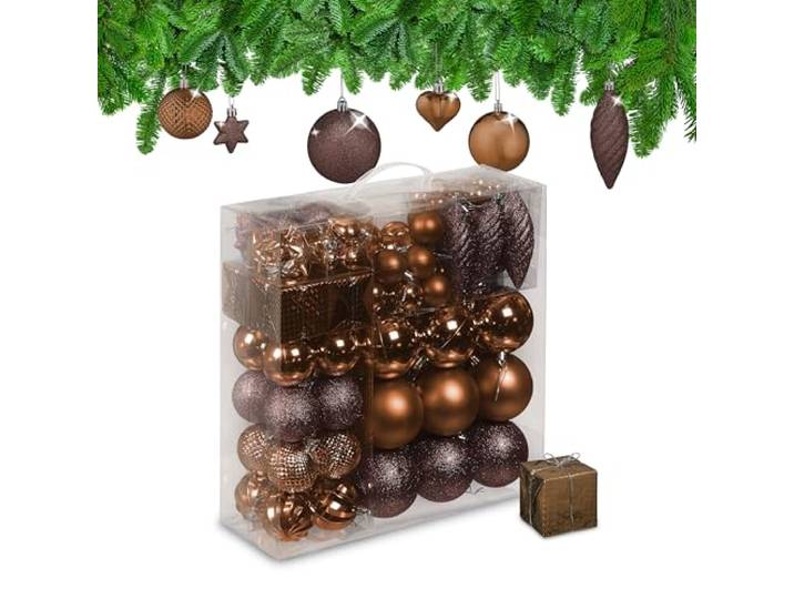 Relaxdays Boules de Noël\, Lot de 110\, en Plastique\, D : 6 cm\, décoration de Sapin\, avec Guirlande\, Marron