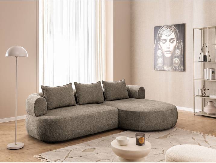 Ecksofa mit Longchair Braun Chenille Tomris 256 x 76 x 156cm Longchair davorstehend rechts Glamour