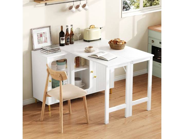 Buffet Extensible avec Table Rabattable Meuble de Rangement 2 en 1 buffet et table à manger Blanc Portes Vitrées Tiroirs
